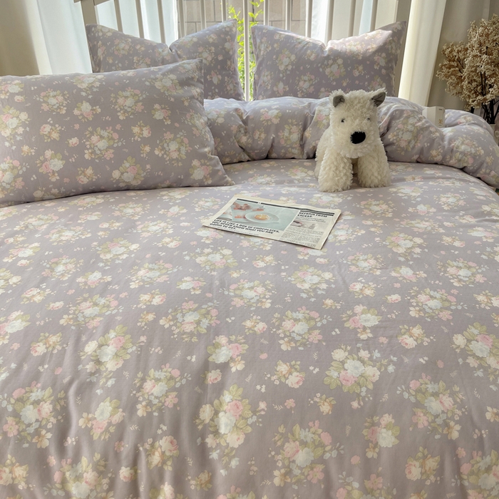 91家纺网 家纺一手货源 找家纺 XIWEN-希文家纺 2025新款A类全棉纯棉有氧双层纱四件套 山花漫 -紫