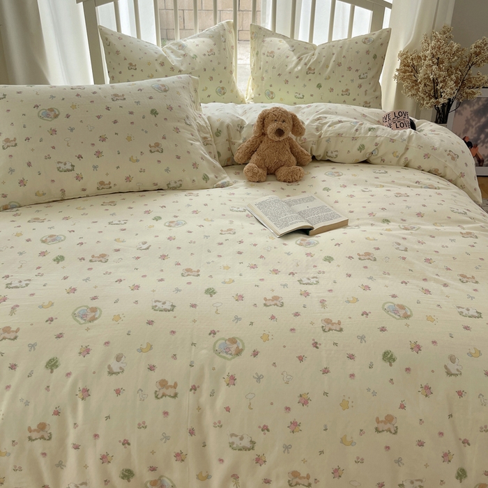 91家纺网 家纺一手货源 找家纺 XIWEN-希文家纺 2025新款A类全棉纯棉有氧双层纱四件套 田园小狗