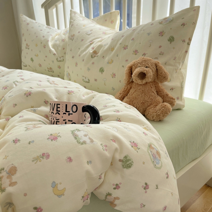 91家纺网 家纺一手货源 找家纺 XIWEN-希文家纺 2025新款A类全棉纯棉有氧双层纱四件套 田园小狗