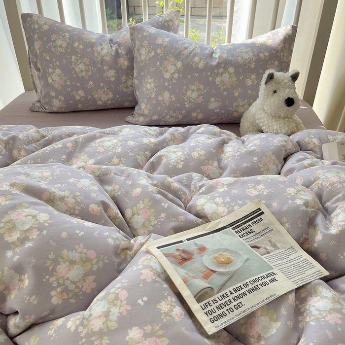 91家纺网 家纺一手货源 找家纺 XIWEN-希文家纺 2025新款A类全棉纯棉有氧双层纱四件套 山花漫 -紫