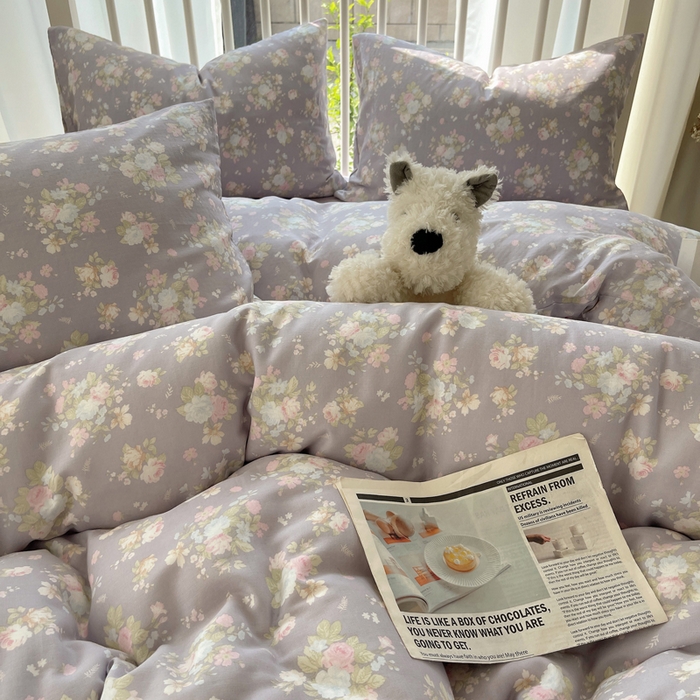 91家纺网 家纺一手货源 找家纺 XIWEN-希文家纺 2025新款A类全棉纯棉有氧双层纱四件套 山花漫 -紫