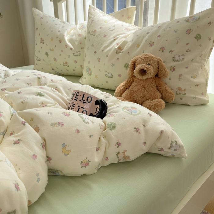 91家纺网 家纺一手货源 找家纺 XIWEN-希文家纺 2025新款A类全棉纯棉有氧双层纱四件套 田园小狗