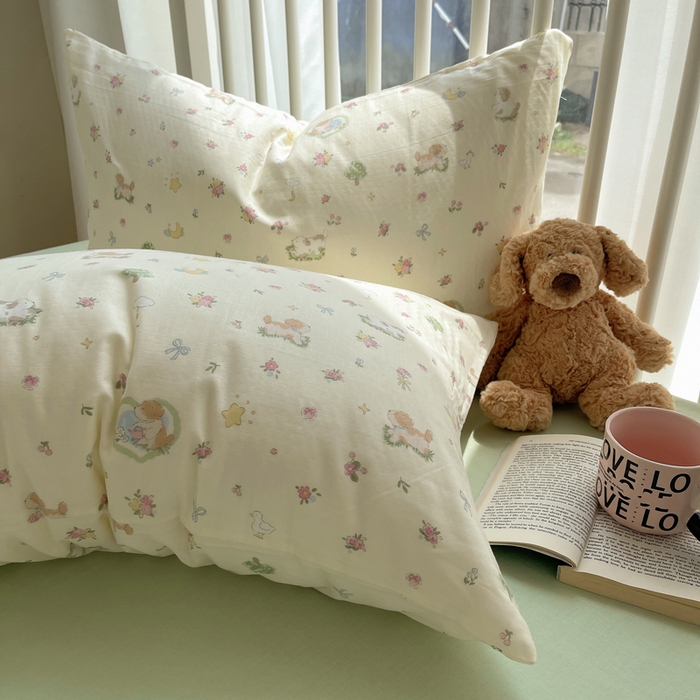 91家纺网 家纺一手货源 找家纺 XIWEN-希文家纺 2025新款A类全棉纯棉有氧双层纱四件套 田园小狗