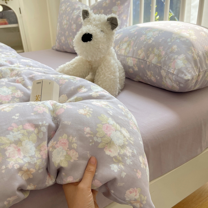 91家纺网 家纺一手货源 找家纺 XIWEN-希文家纺 2025新款A类全棉纯棉有氧双层纱四件套 山花漫 -紫