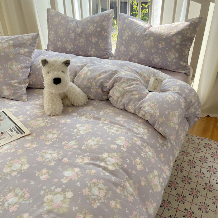 91家纺网 家纺一手货源 找家纺 XIWEN-希文家纺 2025新款A类全棉纯棉有氧双层纱四件套 山花漫 -紫