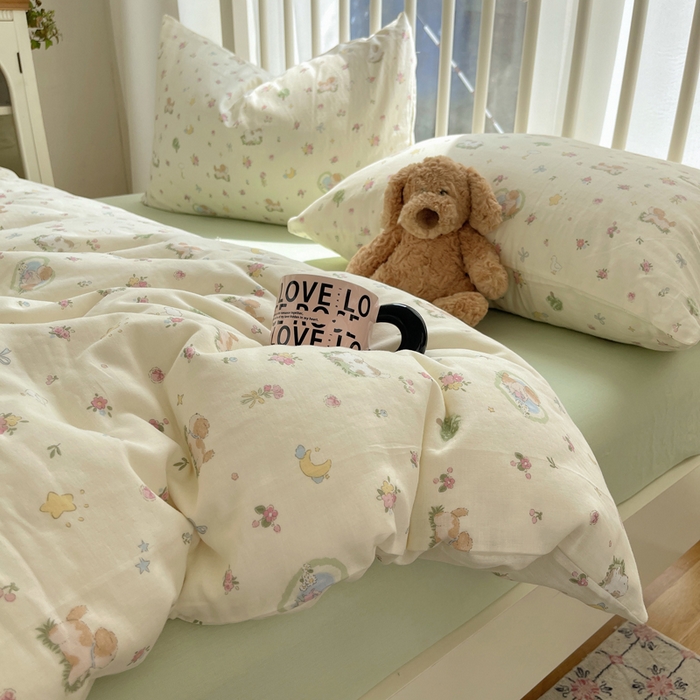 91家纺网 家纺一手货源 找家纺 XIWEN-希文家纺 2025新款A类全棉纯棉有氧双层纱四件套 田园小狗