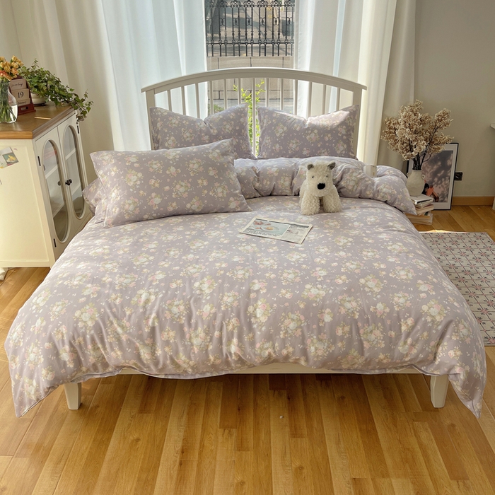 91家纺网 家纺一手货源 找家纺 XIWEN-希文家纺 2025新款A类全棉纯棉有氧双层纱四件套 山花漫 -紫