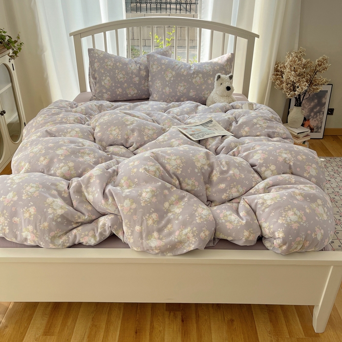 91家纺网 家纺一手货源 找家纺 XIWEN-希文家纺 2025新款A类全棉纯棉有氧双层纱四件套 山花漫 -紫