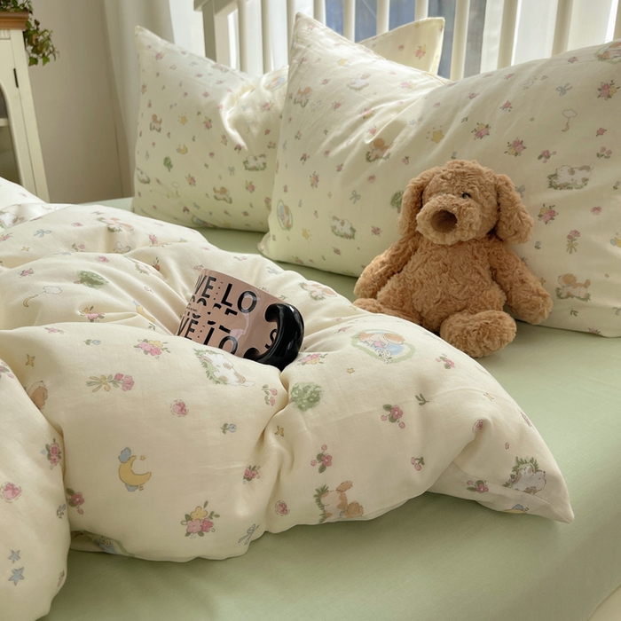 91家纺网 家纺一手货源 找家纺 XIWEN-希文家纺 2025新款A类全棉纯棉有氧双层纱四件套 田园小狗