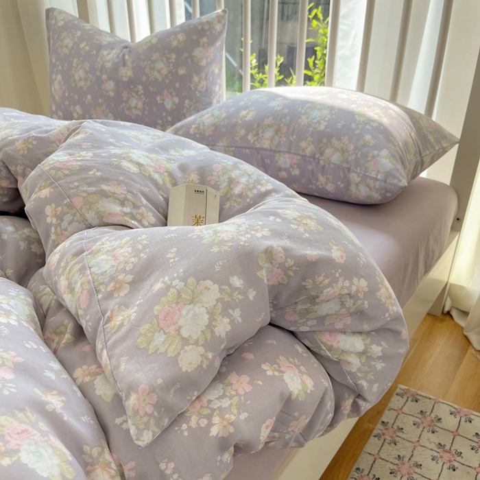 91家纺网 家纺一手货源 找家纺 XIWEN-希文家纺 2025新款A类全棉纯棉有氧双层纱四件套 山花漫 -紫
