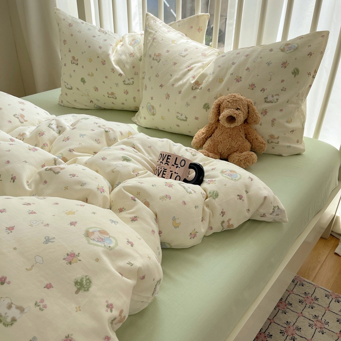 91家纺网 家纺一手货源 找家纺 XIWEN-希文家纺 2025新款A类全棉纯棉有氧双层纱四件套 田园小狗