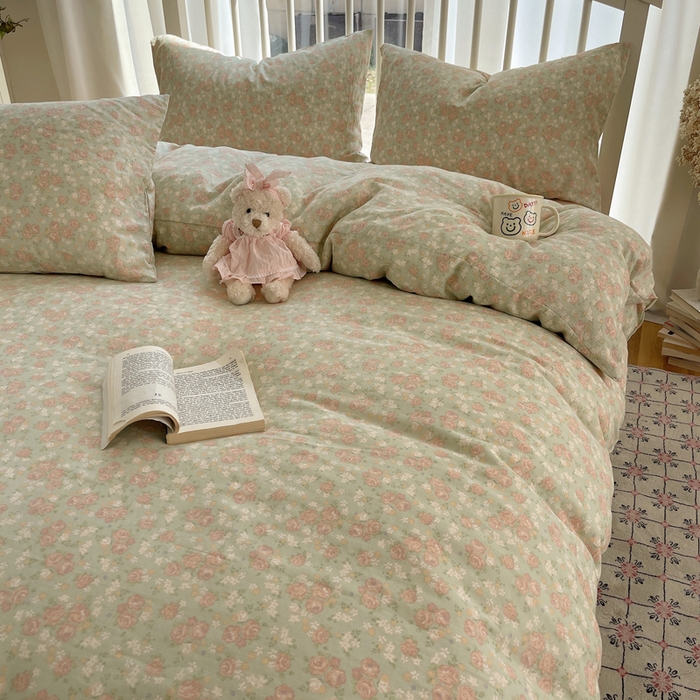 91家纺网 家纺一手货源 找家纺 XIWEN-希文家纺 2025新款A类全棉纯棉有氧双层纱四件套 玫瑰故事-绿