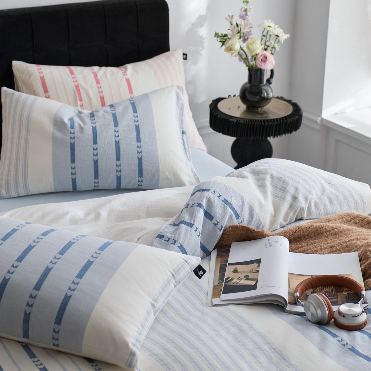 91家纺网 家纺一手货源 找家纺 （总）安莱生活 2025新色织爱心提花条纹系列四件套