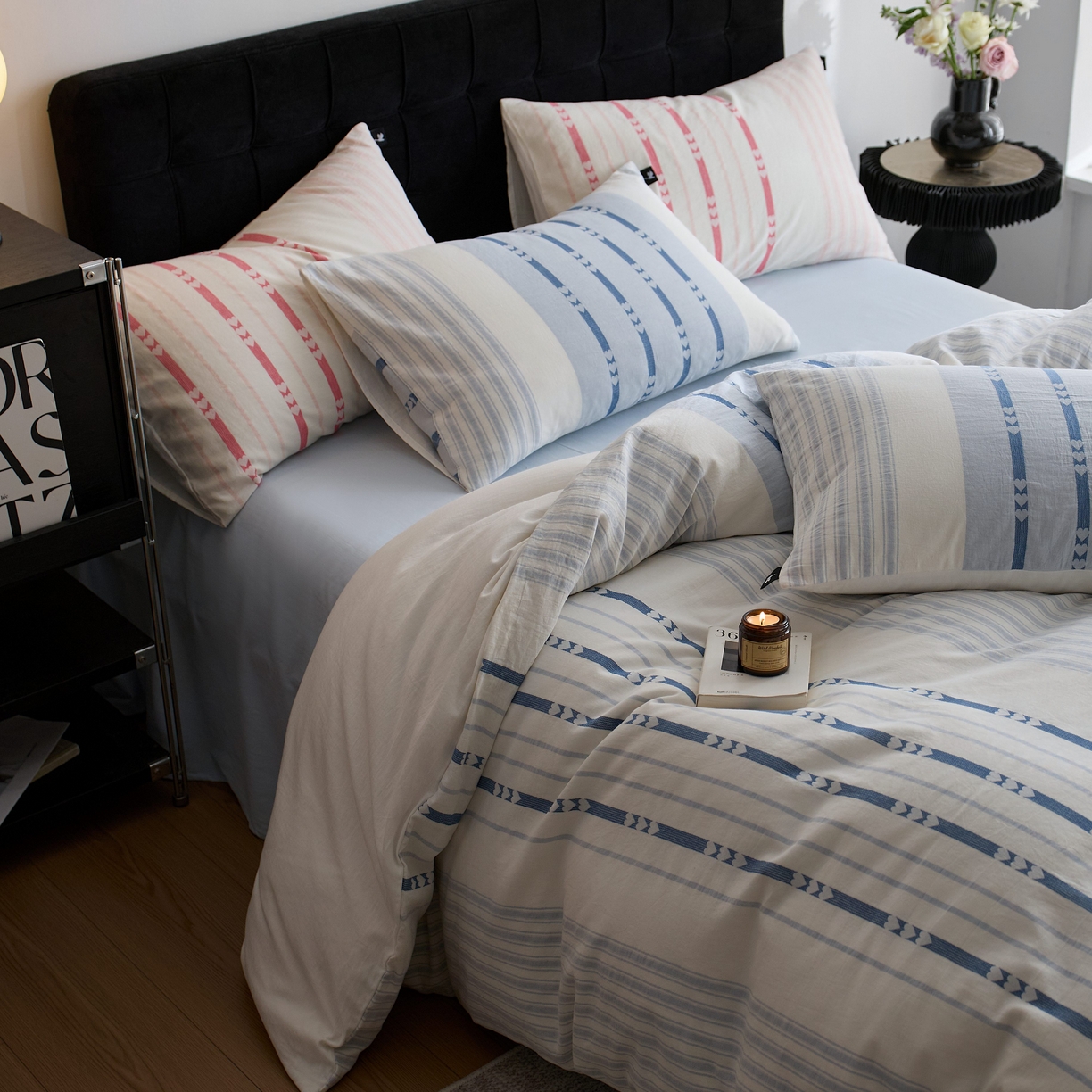 91家纺网 家纺一手货源 找家纺 （总）安莱生活 2025新色织爱心提花条纹系列四件套