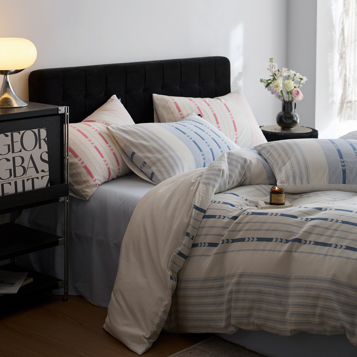 91家纺网 家纺一手货源 找家纺 （总）安莱生活 2025新色织爱心提花条纹系列四件套