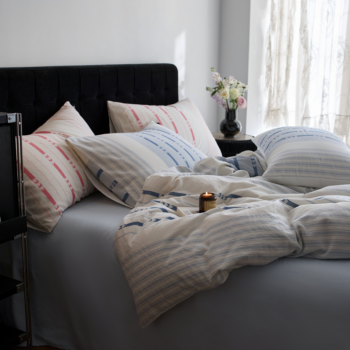 91家纺网 家纺一手货源 找家纺 （总）安莱生活 2025新色织爱心提花条纹系列四件套