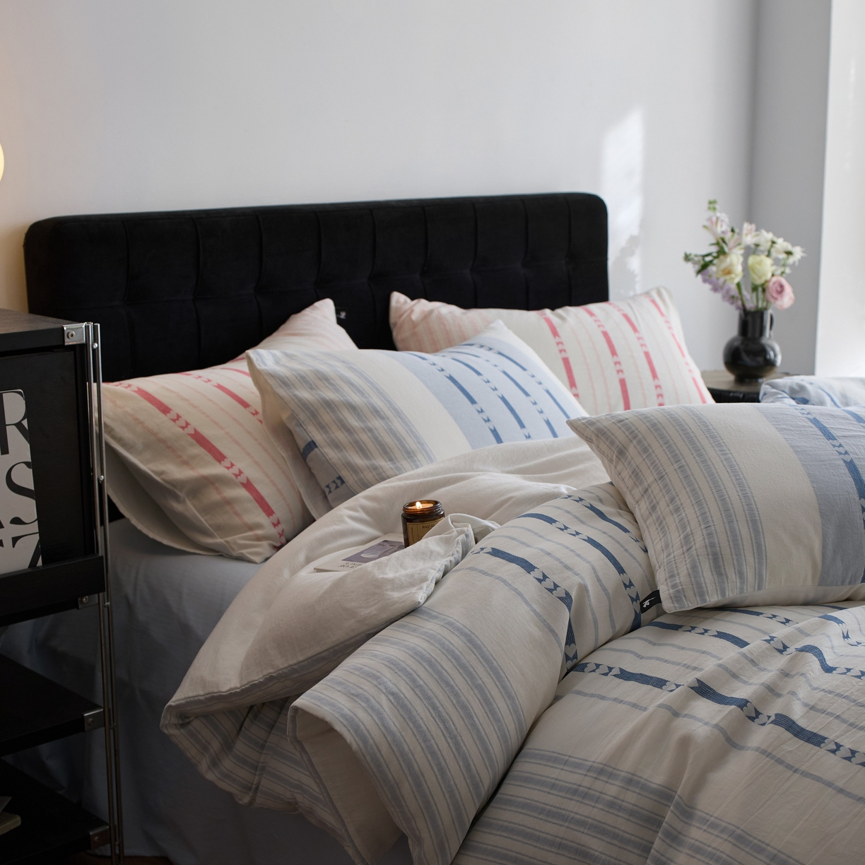 91家纺网 家纺一手货源 找家纺 （总）安莱生活 2025新色织爱心提花条纹系列四件套