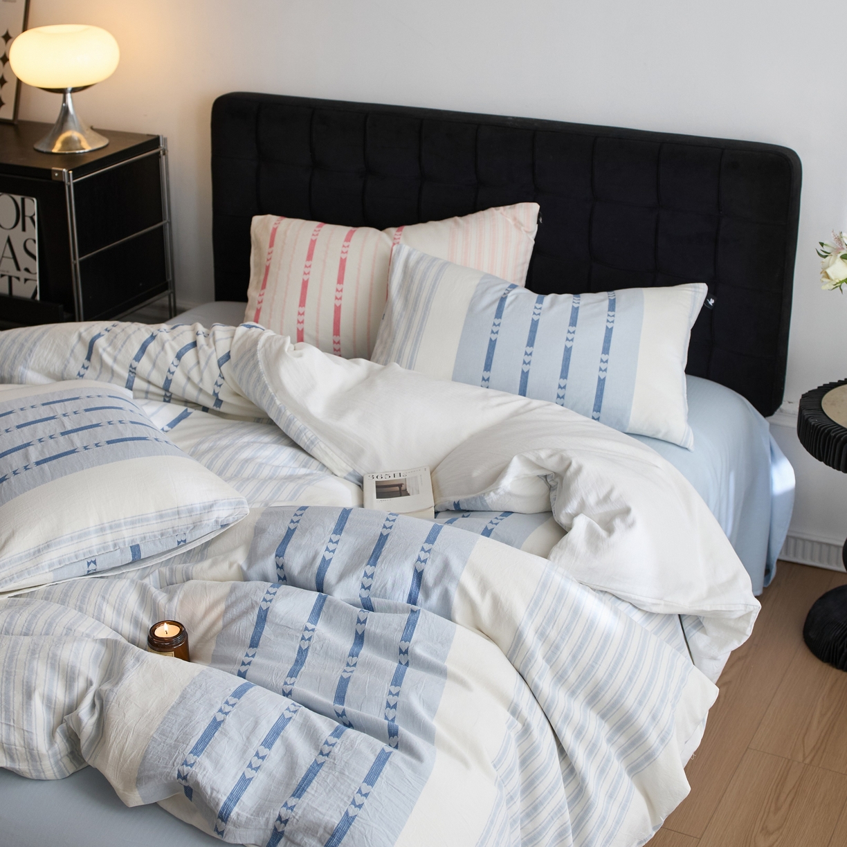 91家纺网 家纺一手货源 找家纺 （总）安莱生活 2025新色织爱心提花条纹系列四件套