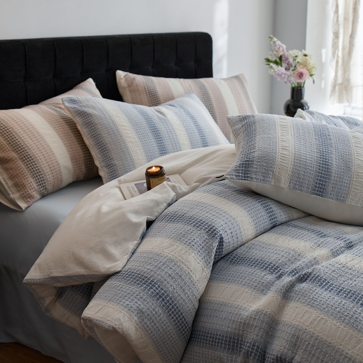 91家纺网 家纺一手货源 找家纺 安莱生活 2025新款渐变华夫格系列四件套 布鲁方方