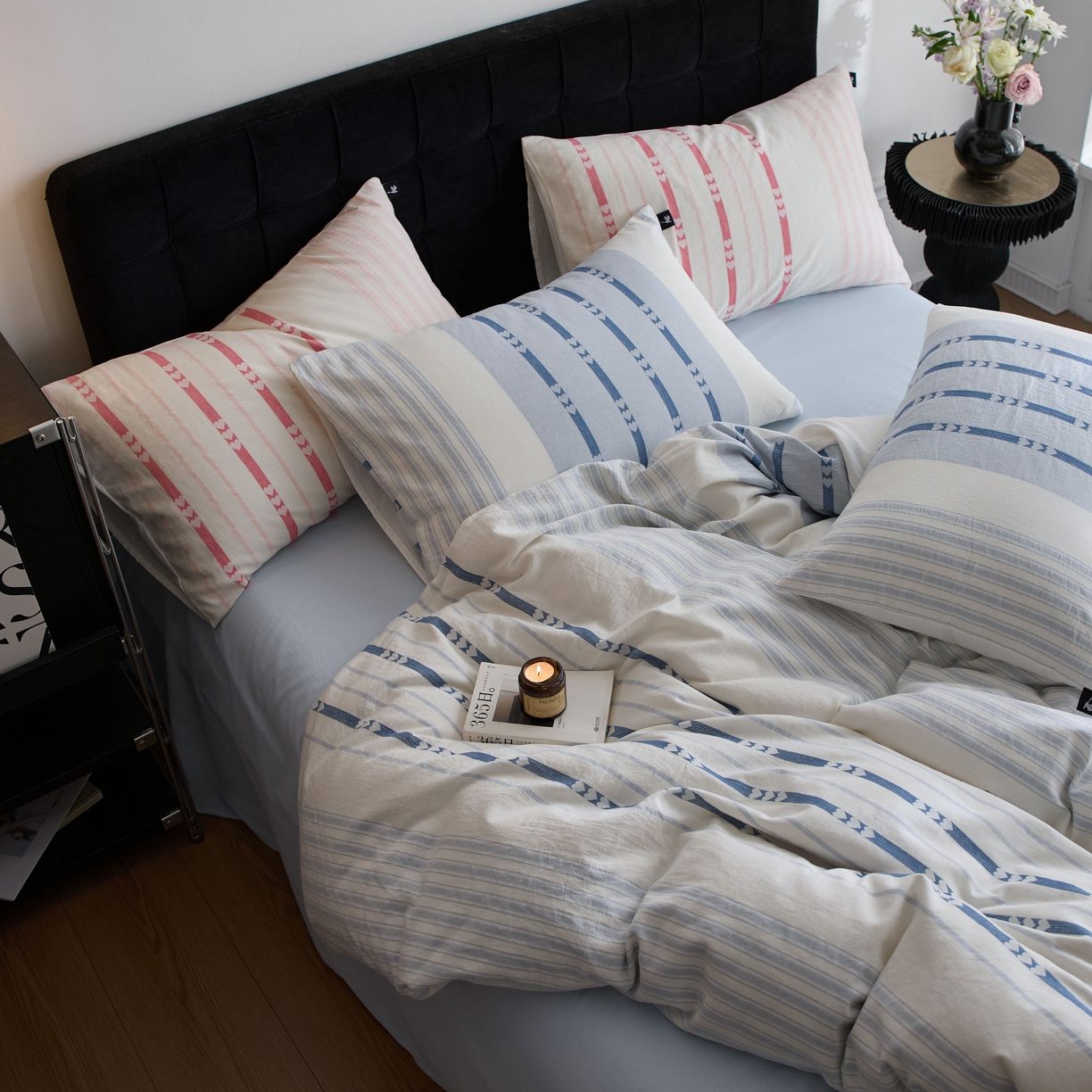 91家纺网 家纺一手货源 找家纺 安莱生活 2025新色织爱心提花条纹系列四件套 蓝汐纹心