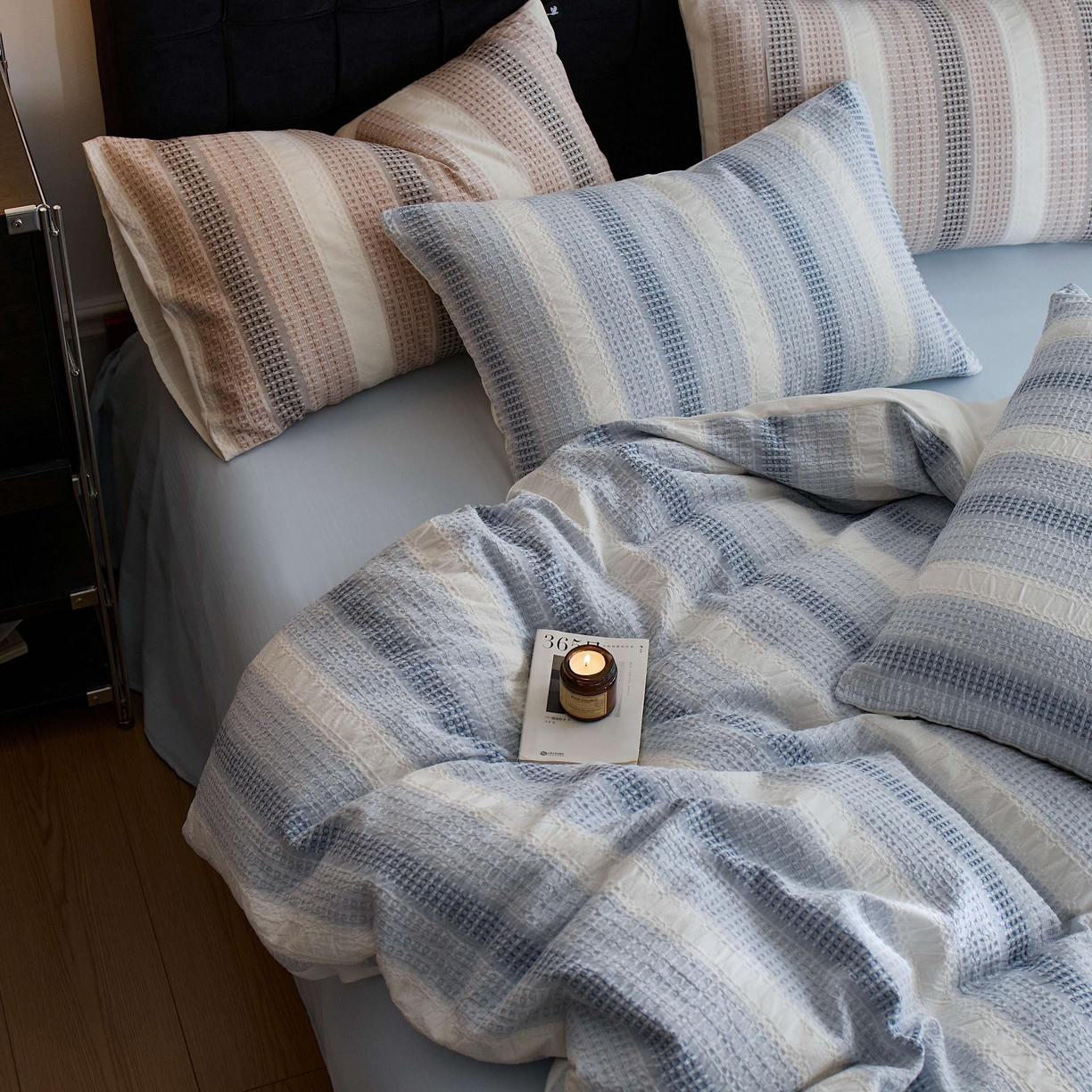 91家纺网 家纺一手货源 找家纺 安莱生活 2025新款渐变华夫格系列四件套 布鲁方方