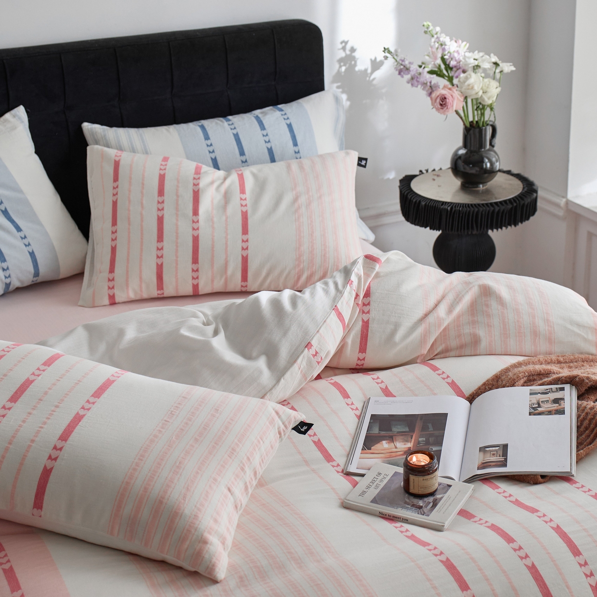 91家纺网 家纺一手货源 找家纺 安莱生活 2025新色织爱心提花条纹系列四件套 甜芯条萌