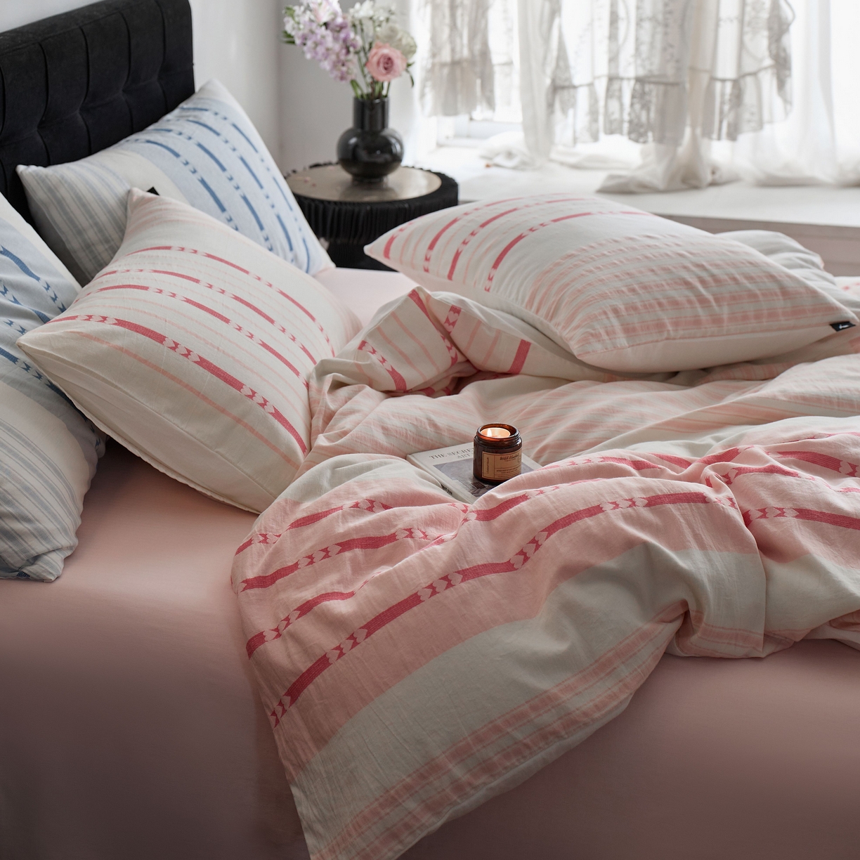 91家纺网 家纺一手货源 找家纺 安莱生活 2025新色织爱心提花条纹系列四件套 甜芯条萌