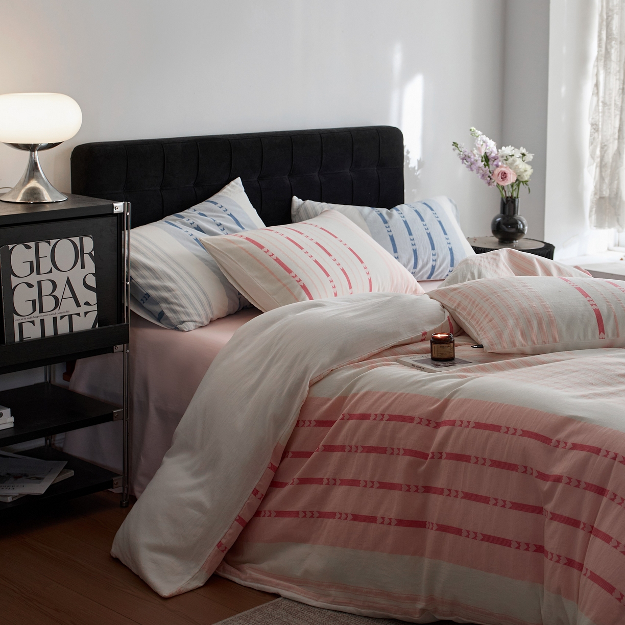 91家纺网 家纺一手货源 找家纺 安莱生活 2025新色织爱心提花条纹系列四件套 甜芯条萌