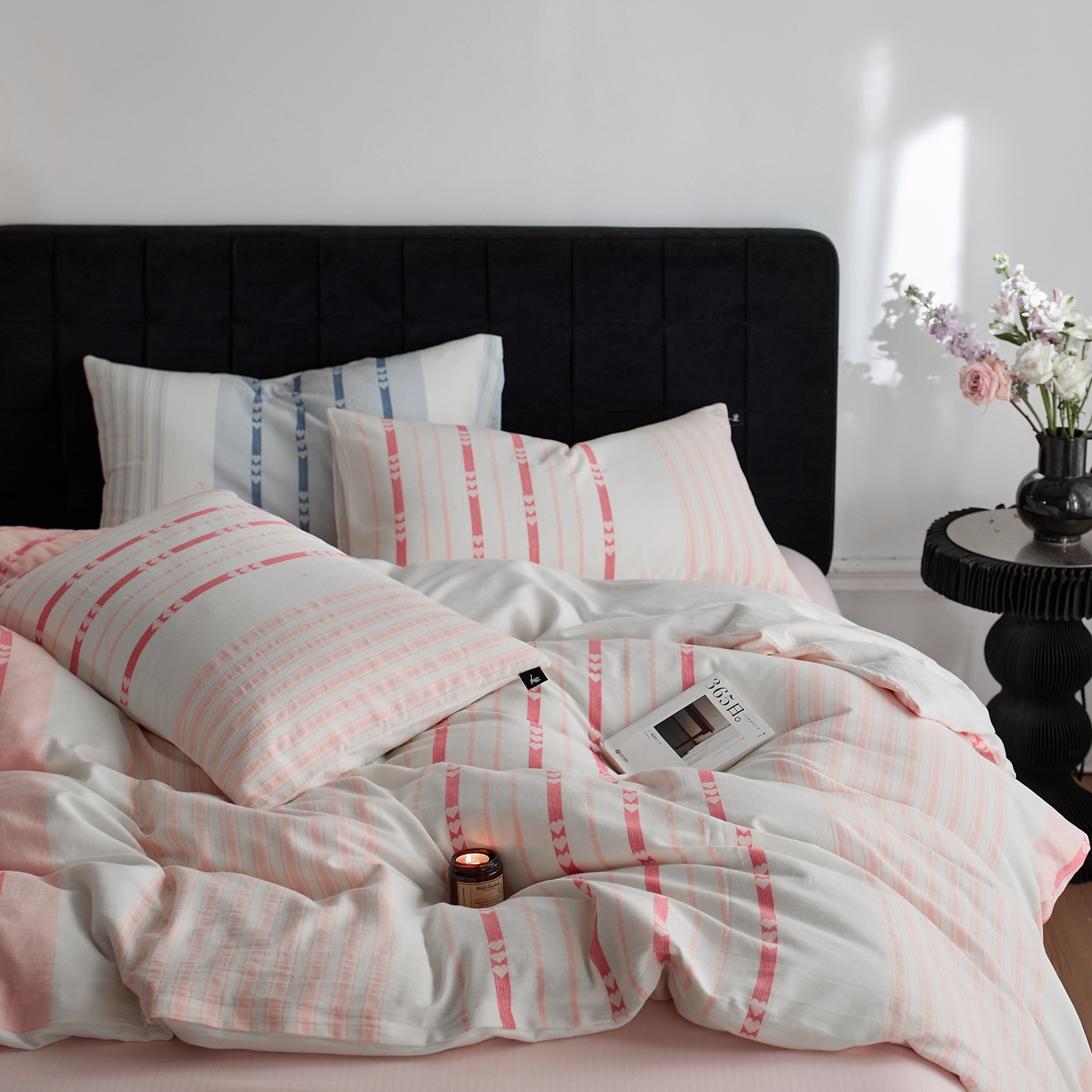 91家纺网 家纺一手货源 找家纺 安莱生活 2025新色织爱心提花条纹系列四件套 甜芯条萌