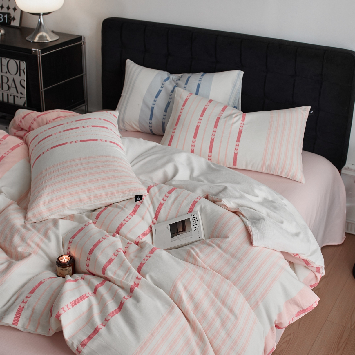 91家纺网 家纺一手货源 找家纺 安莱生活 2025新色织爱心提花条纹系列四件套 甜芯条萌