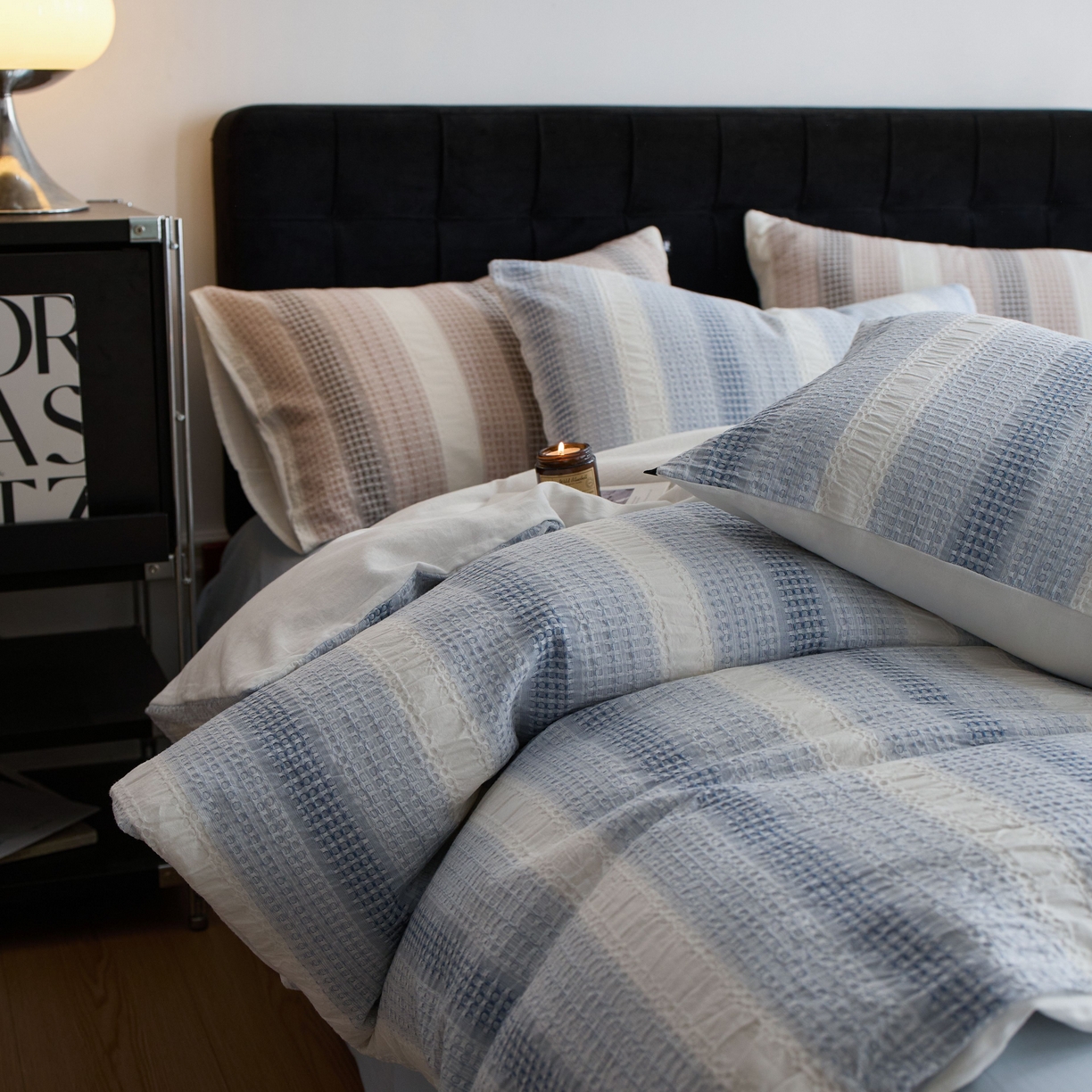 91家纺网 家纺一手货源 找家纺 安莱生活 2025新款渐变华夫格系列四件套 布鲁方方