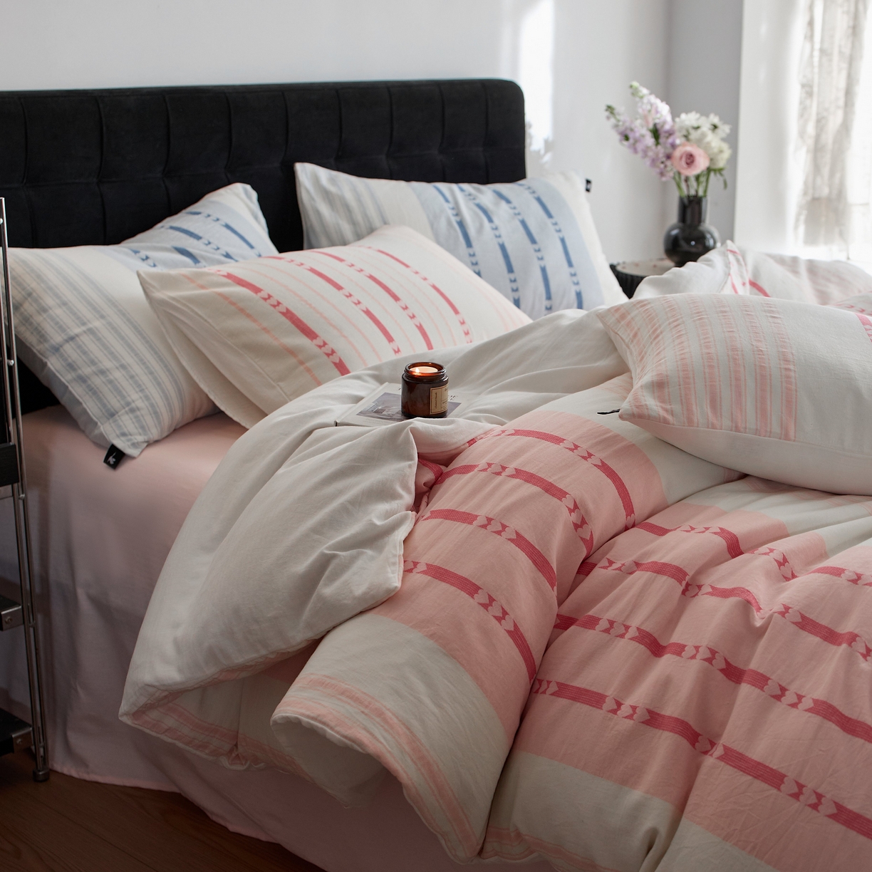 91家纺网 家纺一手货源 找家纺 安莱生活 2025新色织爱心提花条纹系列四件套 甜芯条萌