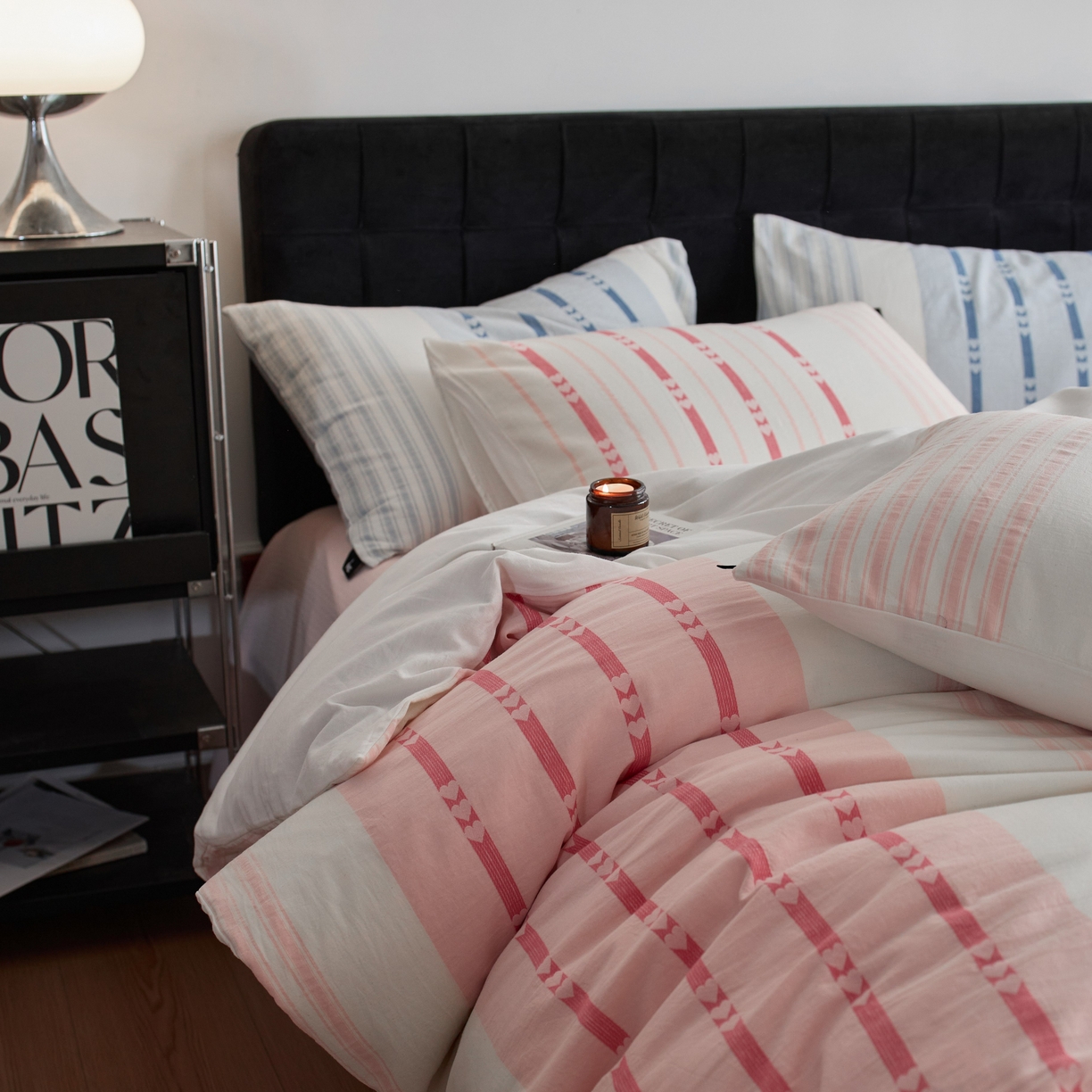 91家纺网 家纺一手货源 找家纺 安莱生活 2025新色织爱心提花条纹系列四件套 甜芯条萌