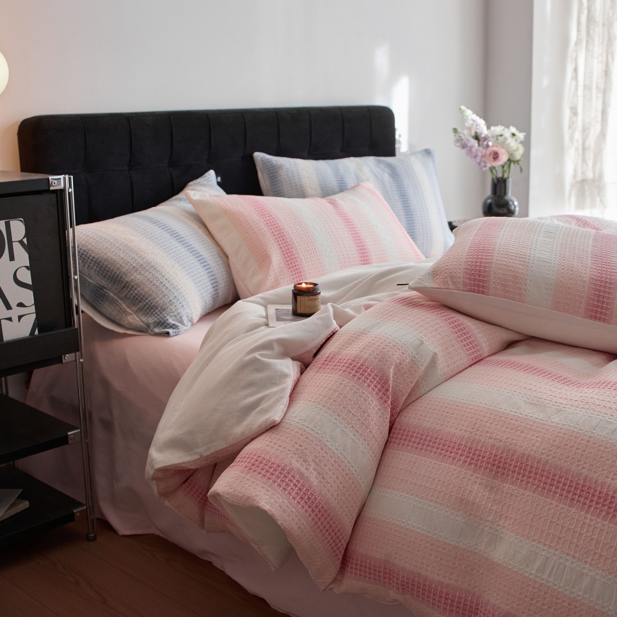 安莱生活 2025新款渐变华夫格系列四件套 粉芙格莉