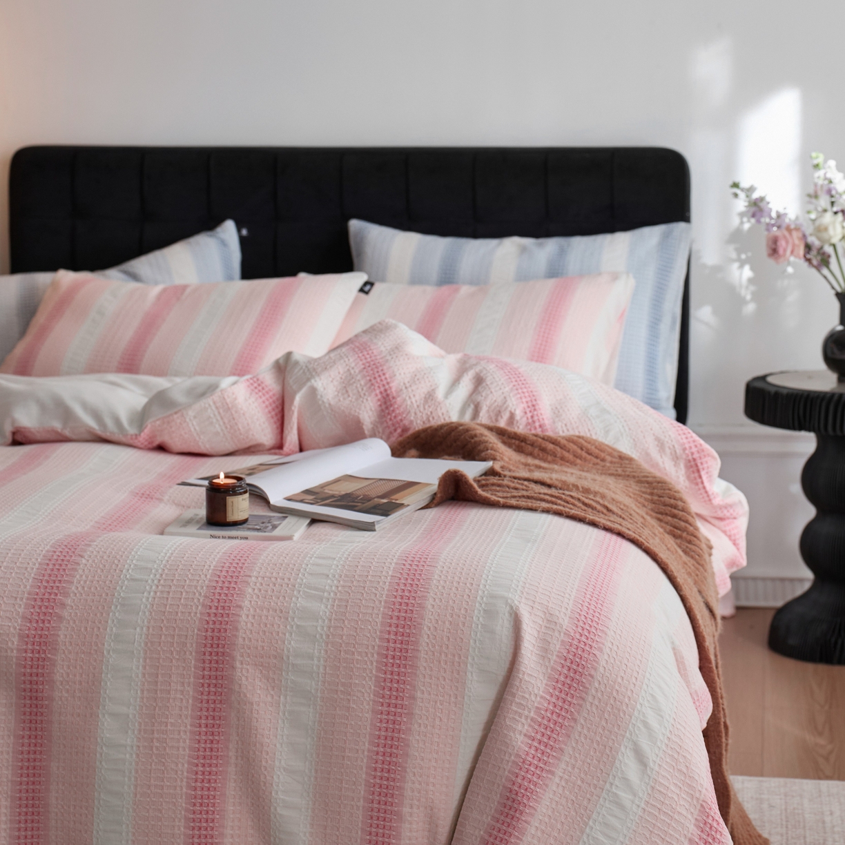 91家纺网 家纺一手货源 找家纺 安莱生活 2025新款渐变华夫格系列四件套 粉芙格莉