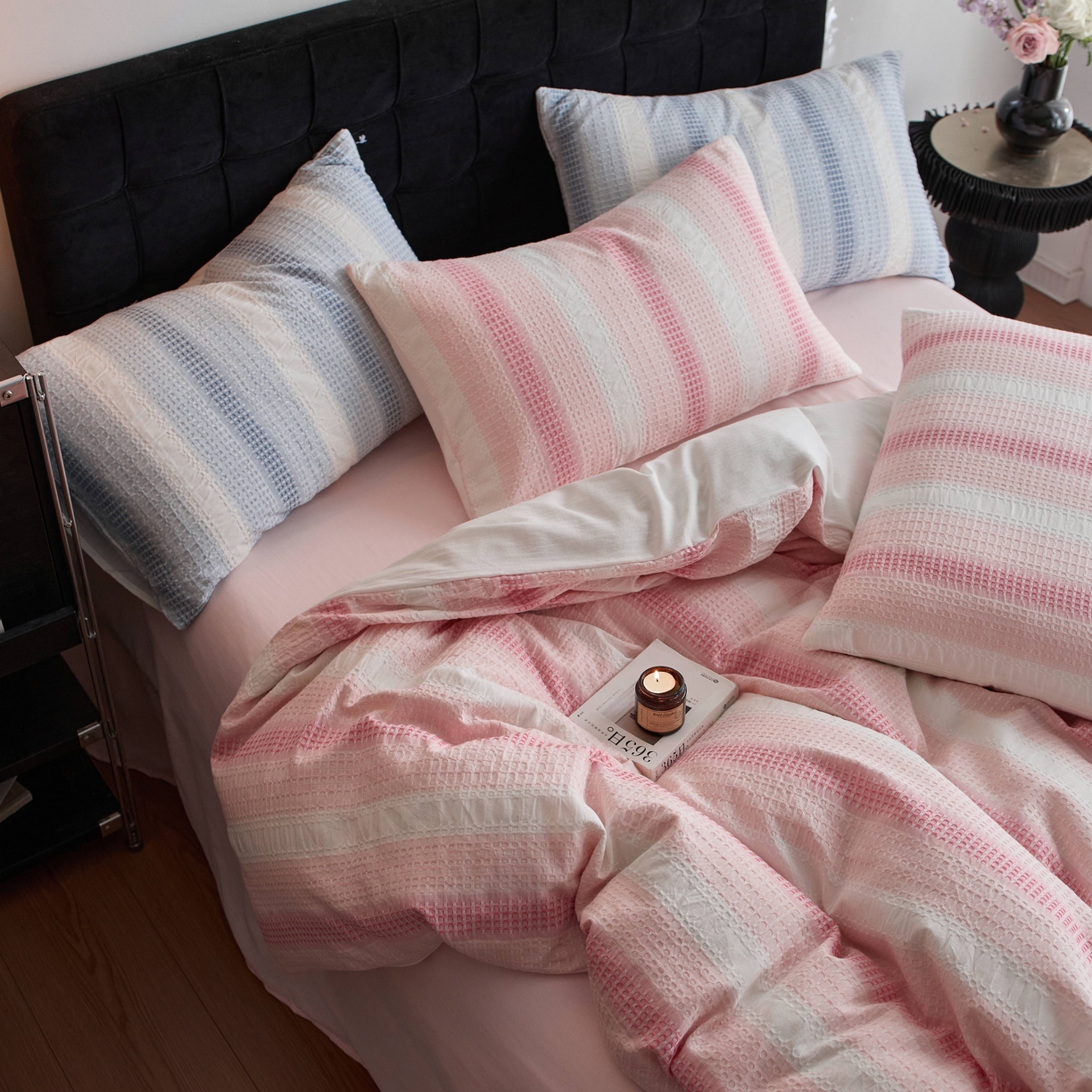 91家纺网 家纺一手货源 找家纺 安莱生活 2025新款渐变华夫格系列四件套 粉芙格莉