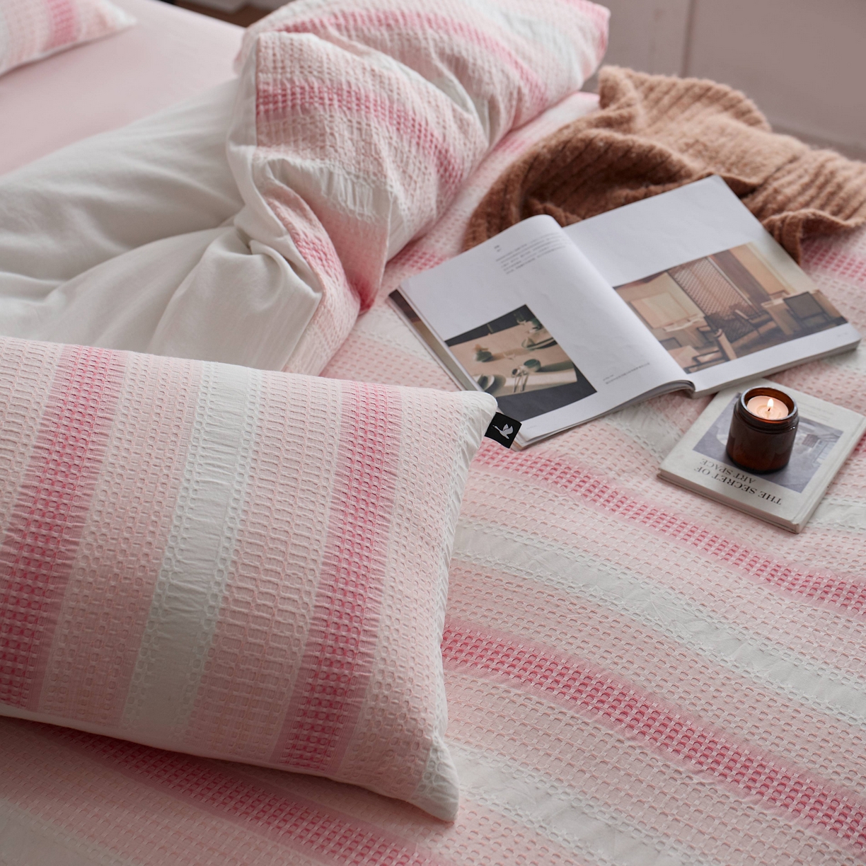 91家纺网 家纺一手货源 找家纺 安莱生活 2025新款渐变华夫格系列四件套 粉芙格莉