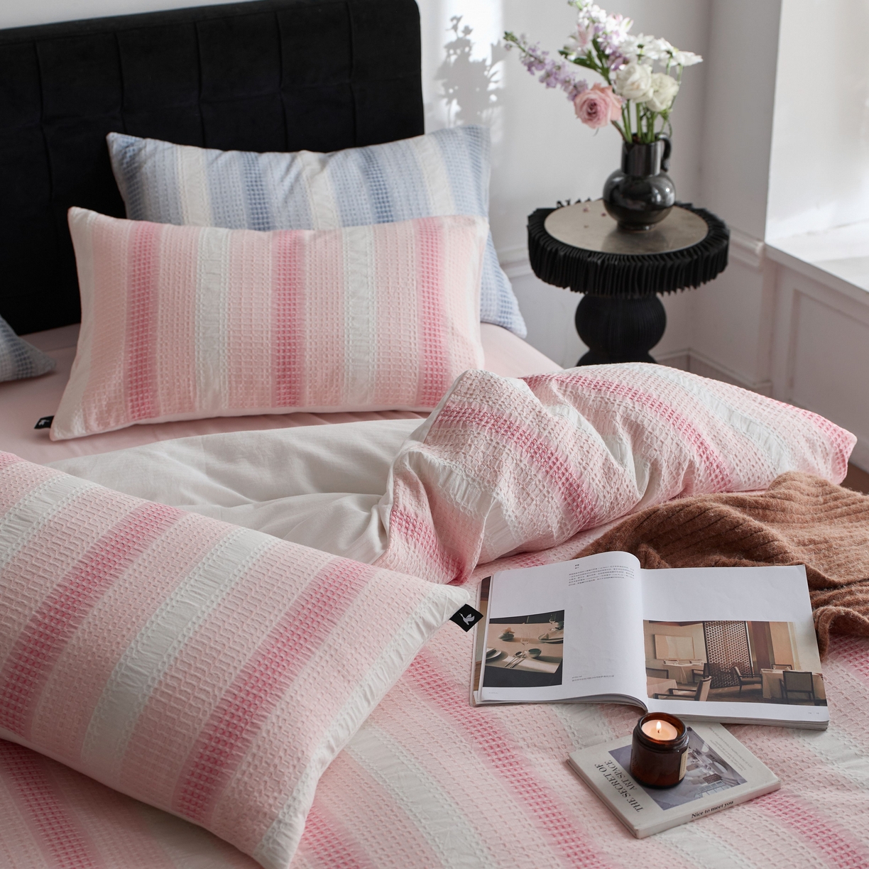 91家纺网 家纺一手货源 找家纺 安莱生活 2025新款渐变华夫格系列四件套 粉芙格莉