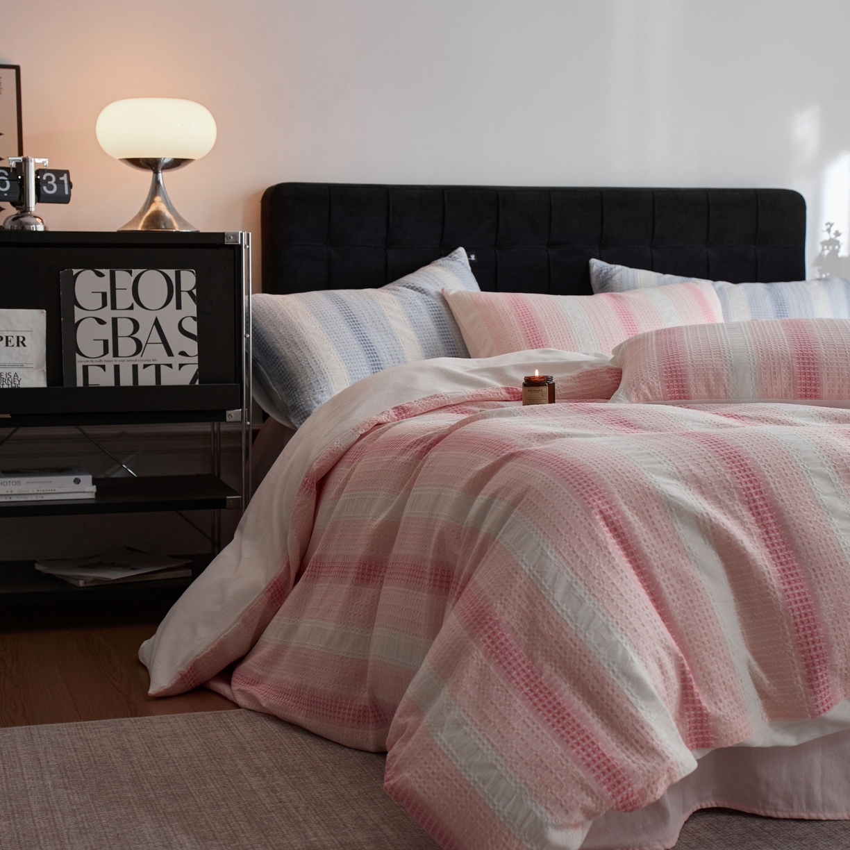 91家纺网 家纺一手货源 找家纺 安莱生活 2025新款渐变华夫格系列四件套 粉芙格莉