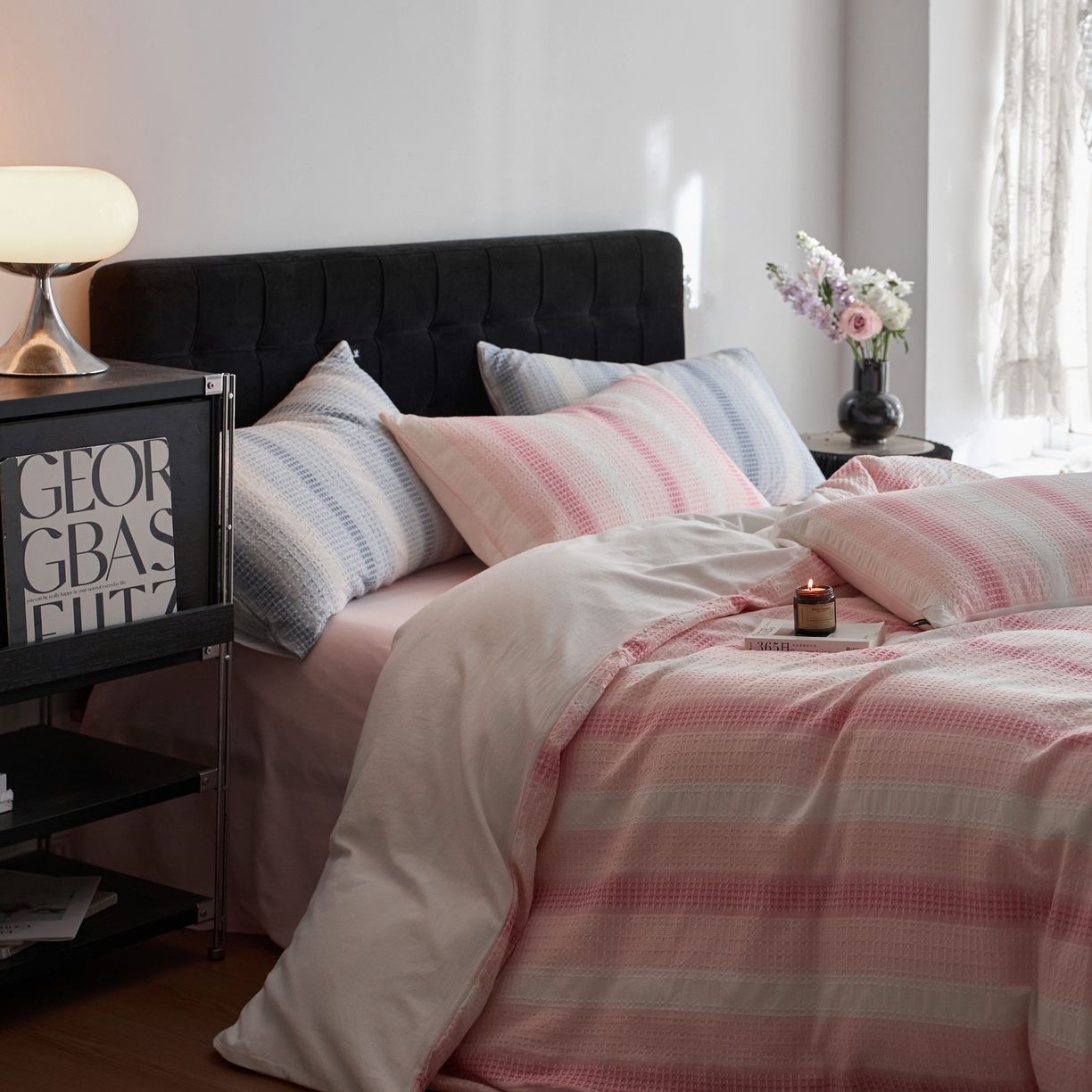 91家纺网 家纺一手货源 找家纺 安莱生活 2025新款渐变华夫格系列四件套 粉芙格莉