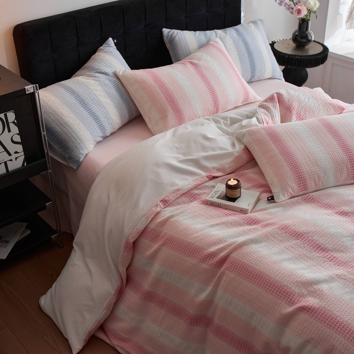 91家纺网 家纺一手货源 找家纺 安莱生活 2025新款渐变华夫格系列四件套 粉芙格莉