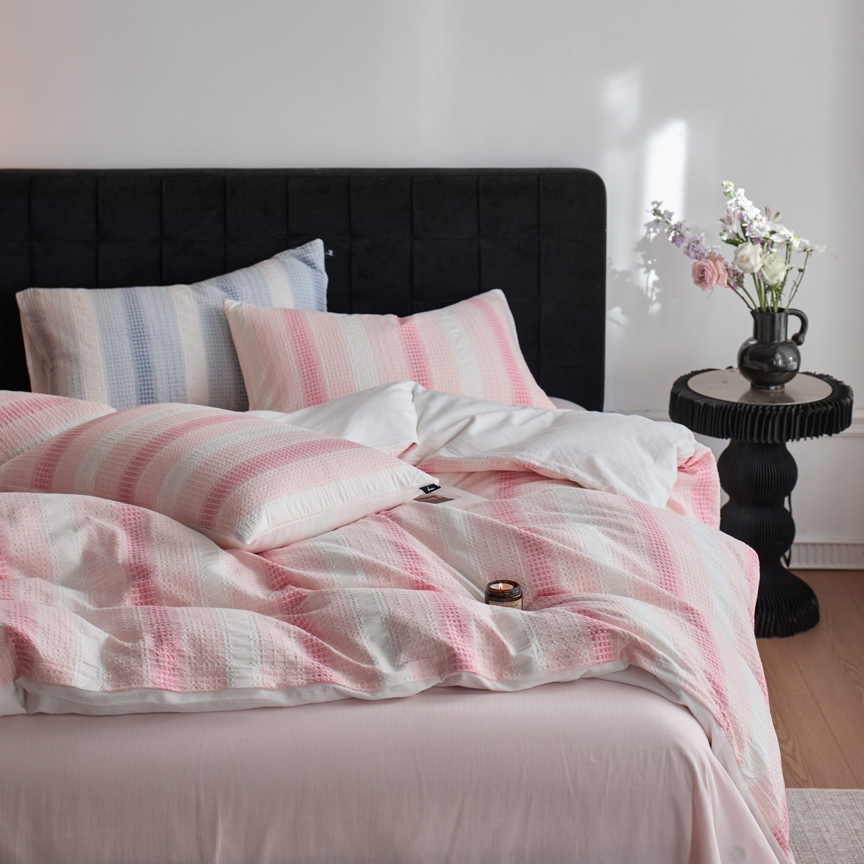 91家纺网 家纺一手货源 找家纺 安莱生活 2025新款渐变华夫格系列四件套 粉芙格莉