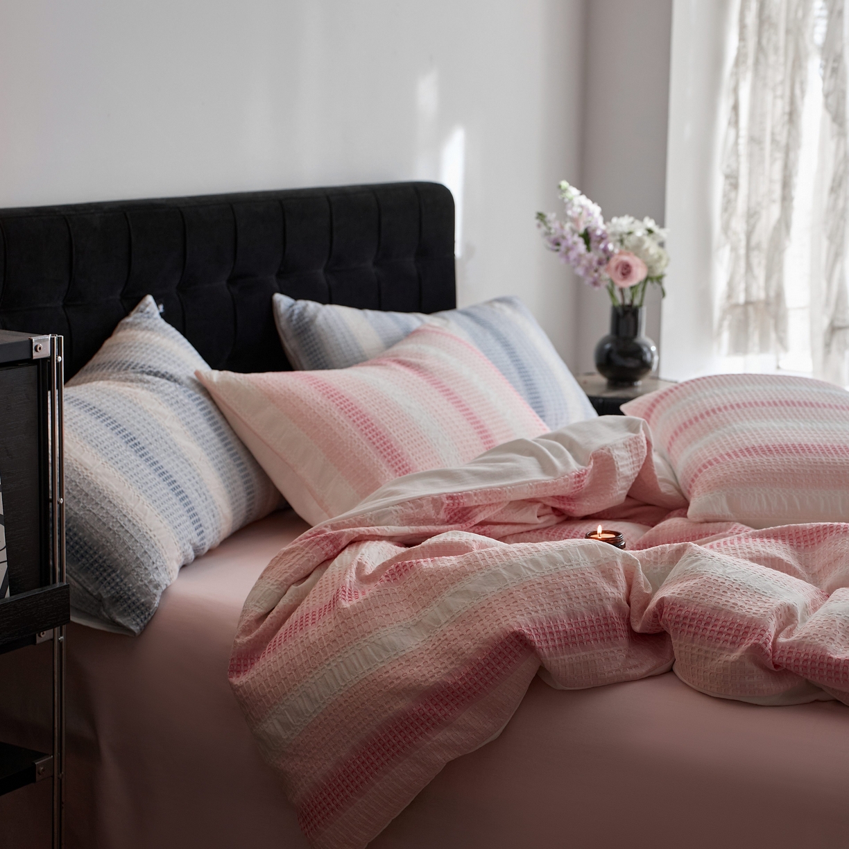 91家纺网 家纺一手货源 找家纺 安莱生活 2025新款渐变华夫格系列四件套 粉芙格莉