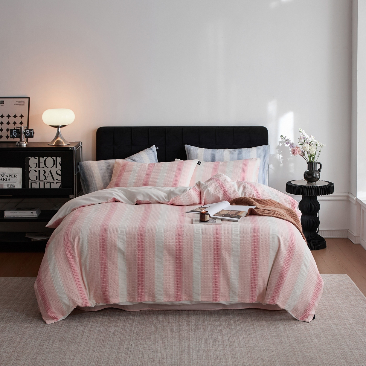 91家纺网 家纺一手货源 找家纺 安莱生活 2025新款渐变华夫格系列四件套 粉芙格莉