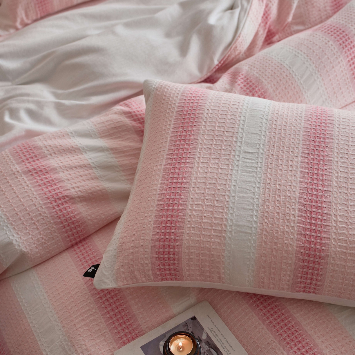 91家纺网 家纺一手货源 找家纺 安莱生活 2025新款渐变华夫格系列四件套 粉芙格莉