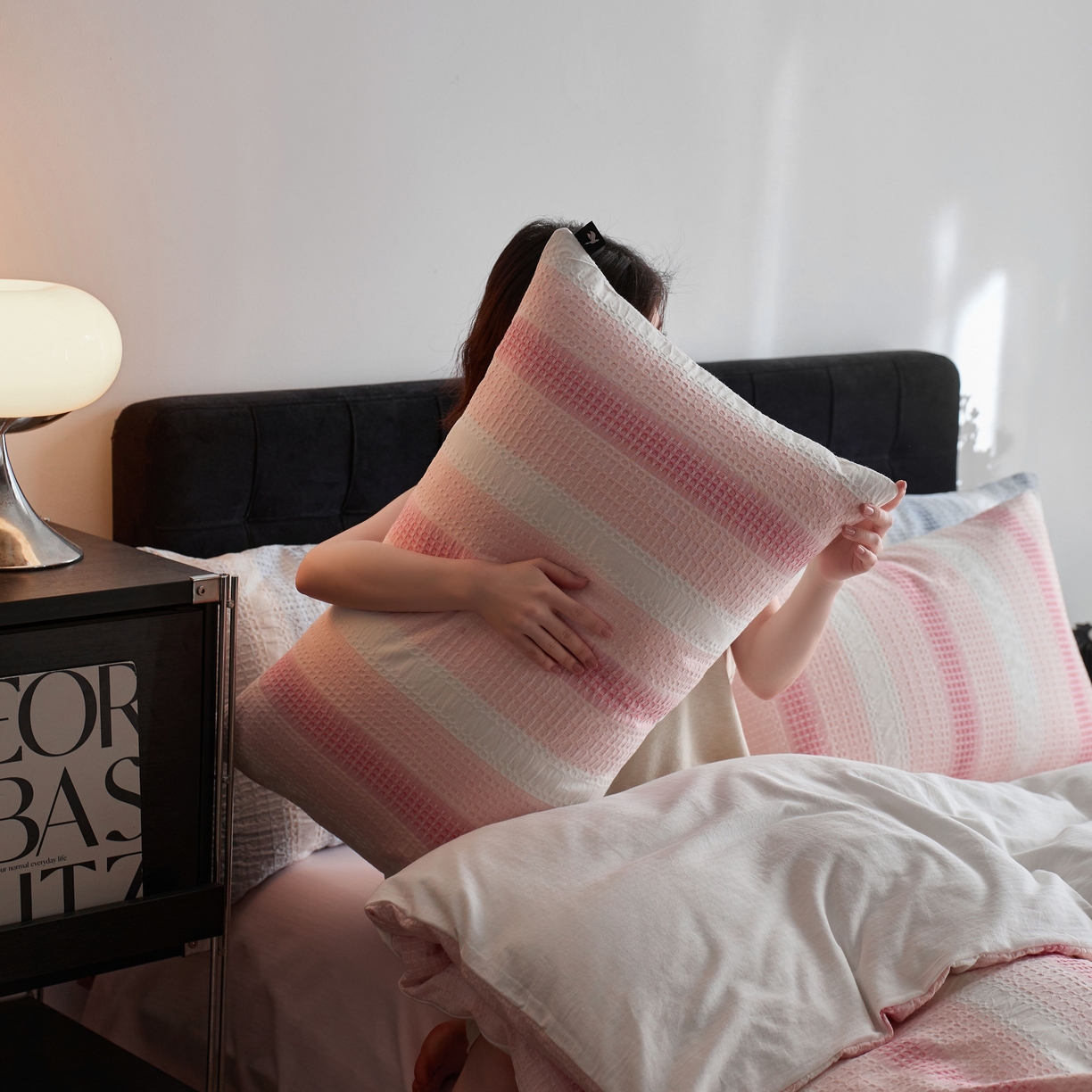 91家纺网 家纺一手货源 找家纺 安莱生活 2025新款渐变华夫格系列四件套 粉芙格莉