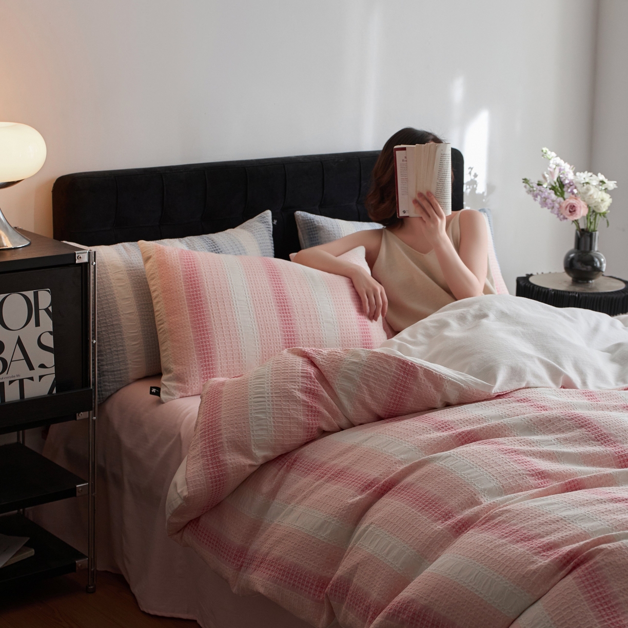 91家纺网 家纺一手货源 找家纺 安莱生活 2025新款渐变华夫格系列四件套 粉芙格莉