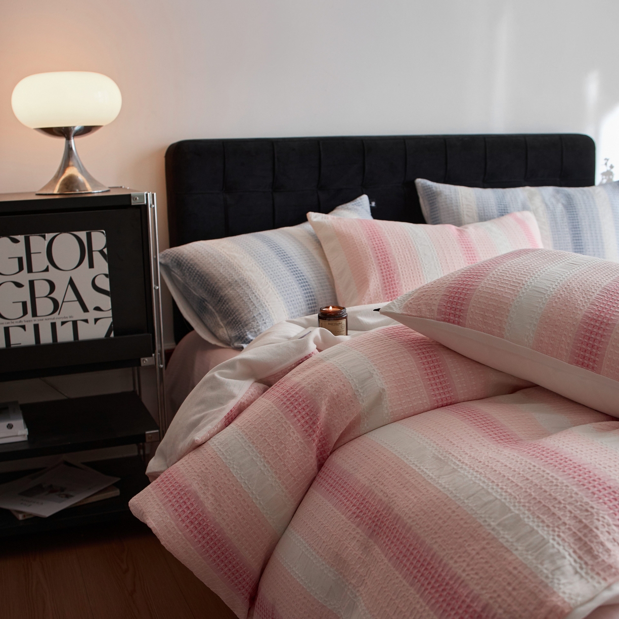 91家纺网 家纺一手货源 找家纺 安莱生活 2025新款渐变华夫格系列四件套 粉芙格莉