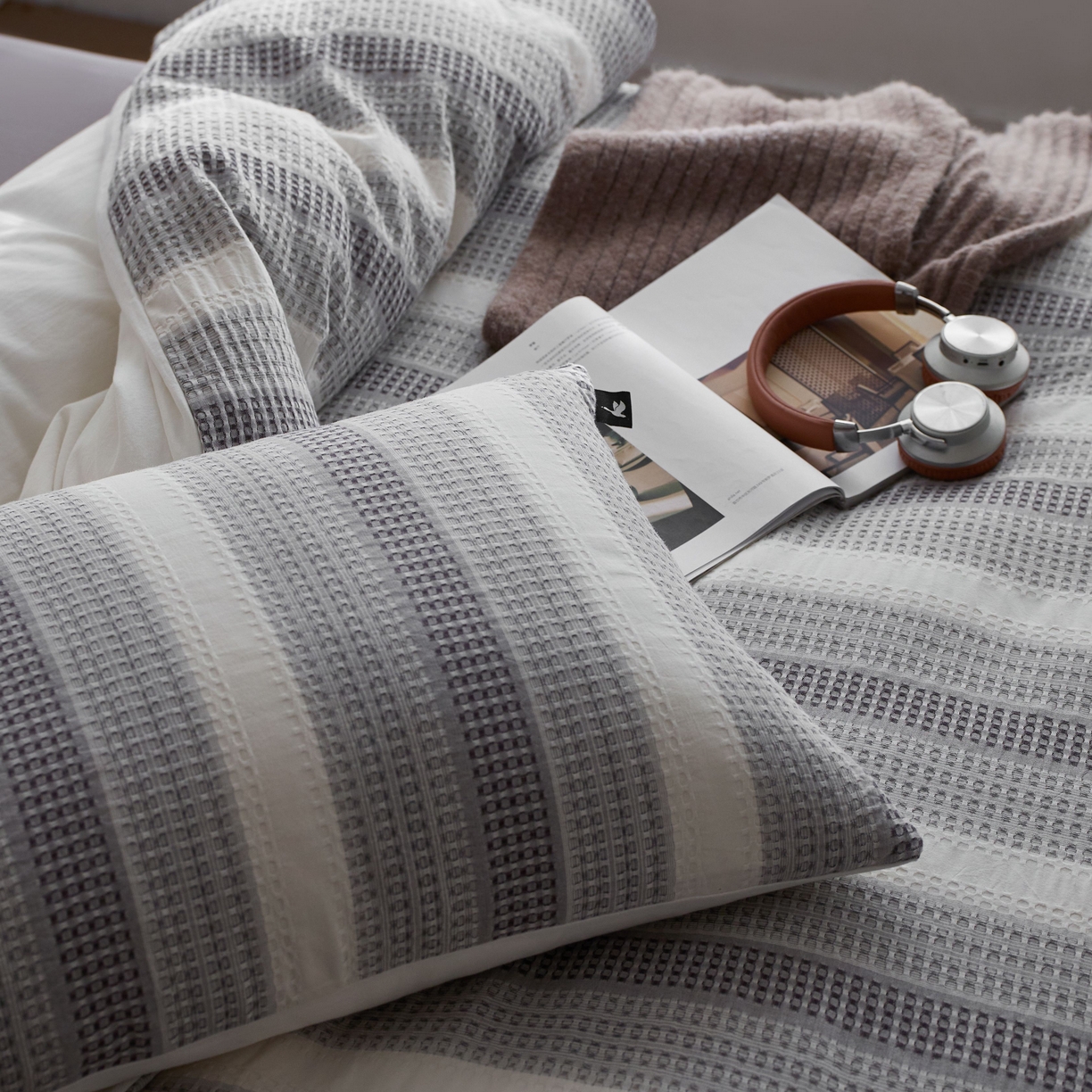 91家纺网 家纺一手货源 找家纺 安莱生活 2025新款渐变华夫格系列四件套 灰色协议