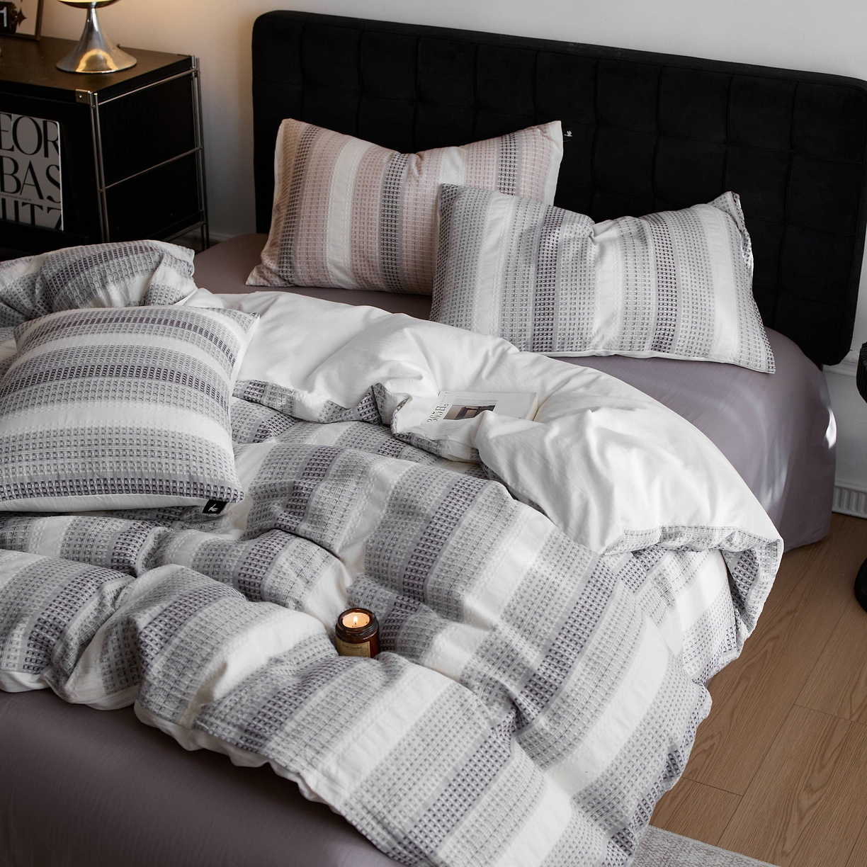 91家纺网 家纺一手货源 找家纺 安莱生活 2025新款渐变华夫格系列四件套 灰色协议